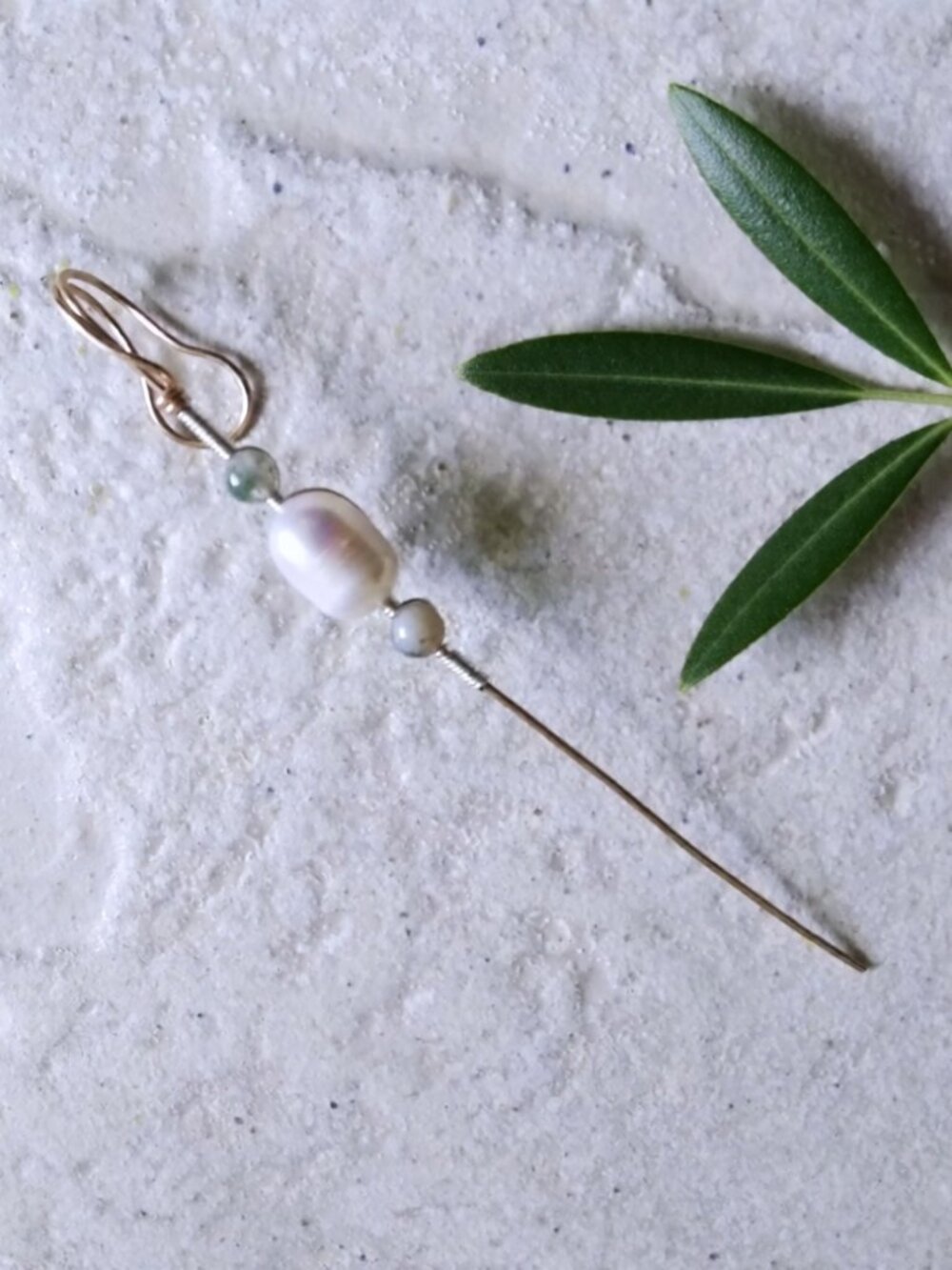 Genuine Pearl + Moss Agate ~ Helix Hook Needle Earring, Ear Needle, Ear Crawler